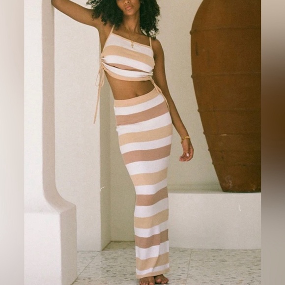 Sabo Skirt Dresses & Skirts - ❌SOLD❌ Sabo Skirt Leti Tan Brown White Long Knit Cotton Maxi Pencil Stripe Skirt